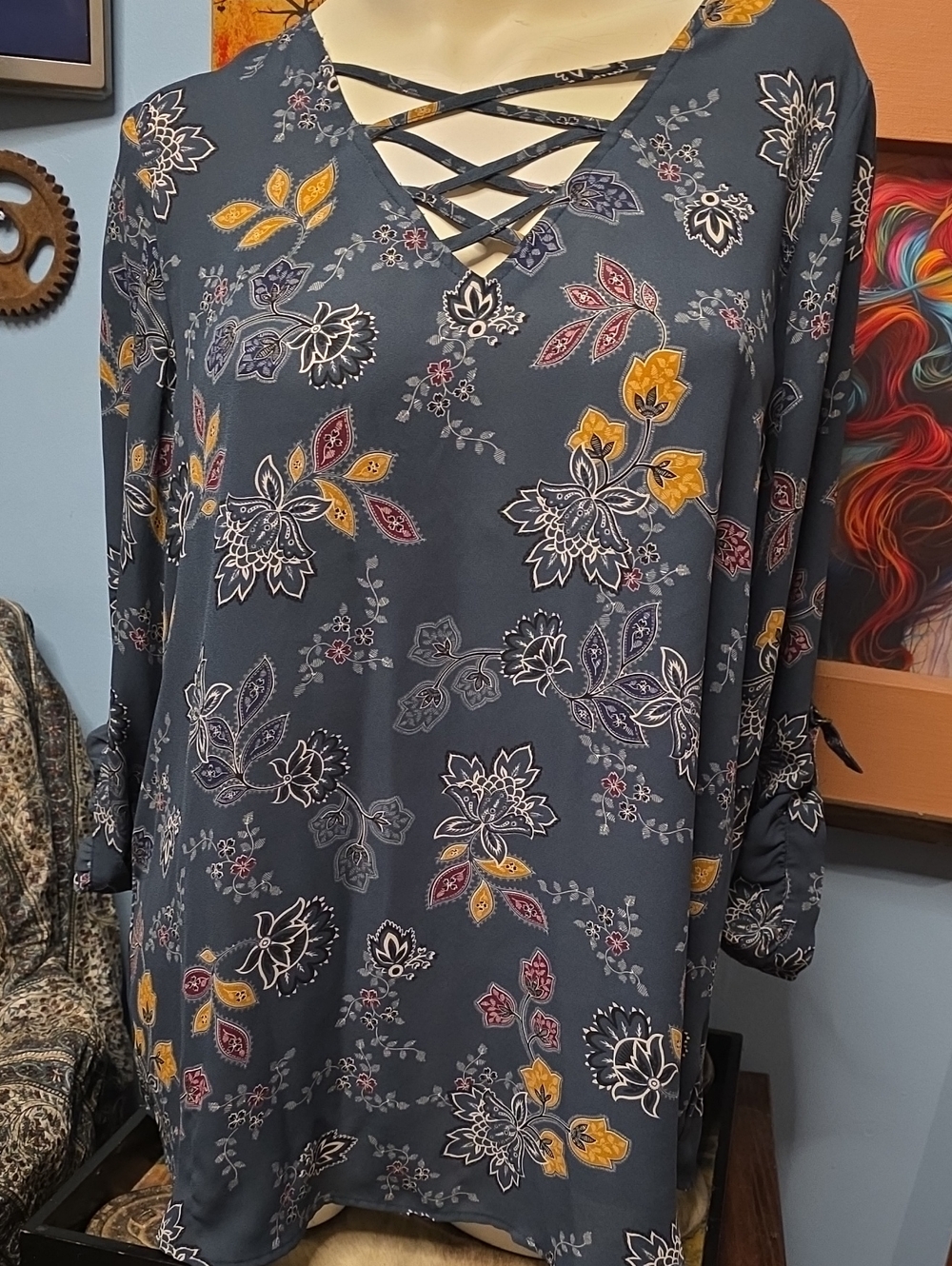 Maurices Slate Blue Floral Crisscross V-Neck Tunic
